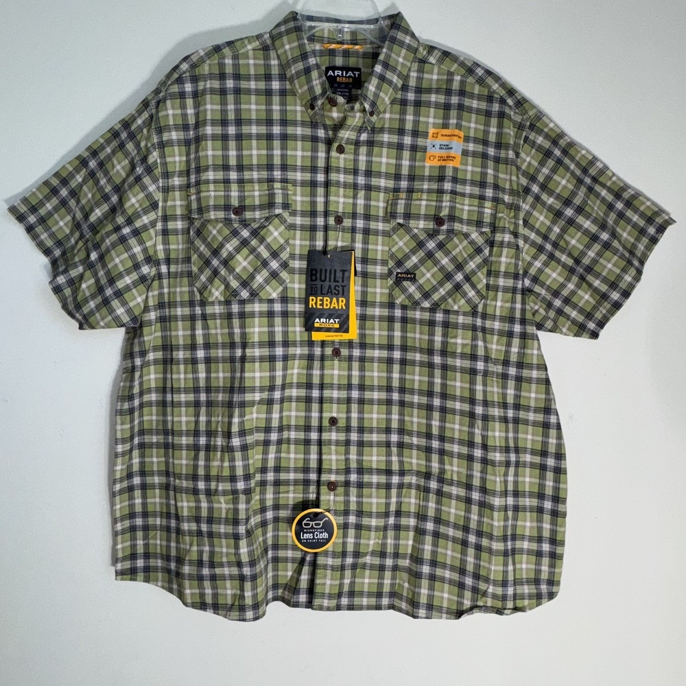 ARIAT Rebar Short Sleeve Button Work Shirt Green Plaid XXL Durastretch NWT